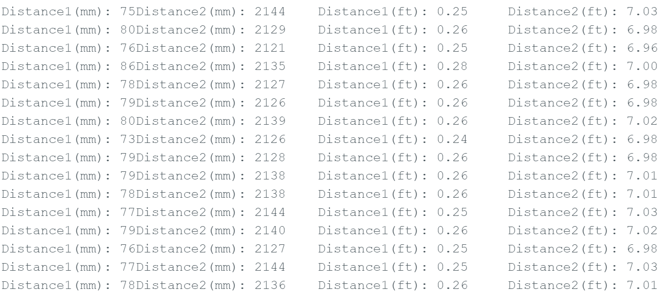 Arduino serial output of ToF readings