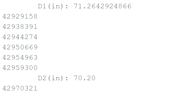 Arduino output showing micros() timestamps and ToF readings